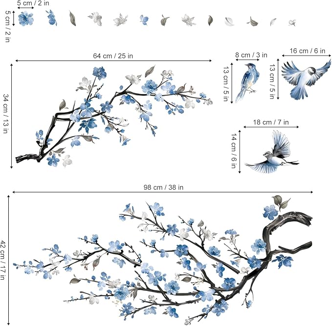 decalmile Blue Flower Branch Blossom Tree Branch Wall Decals Stickers - Image 4
