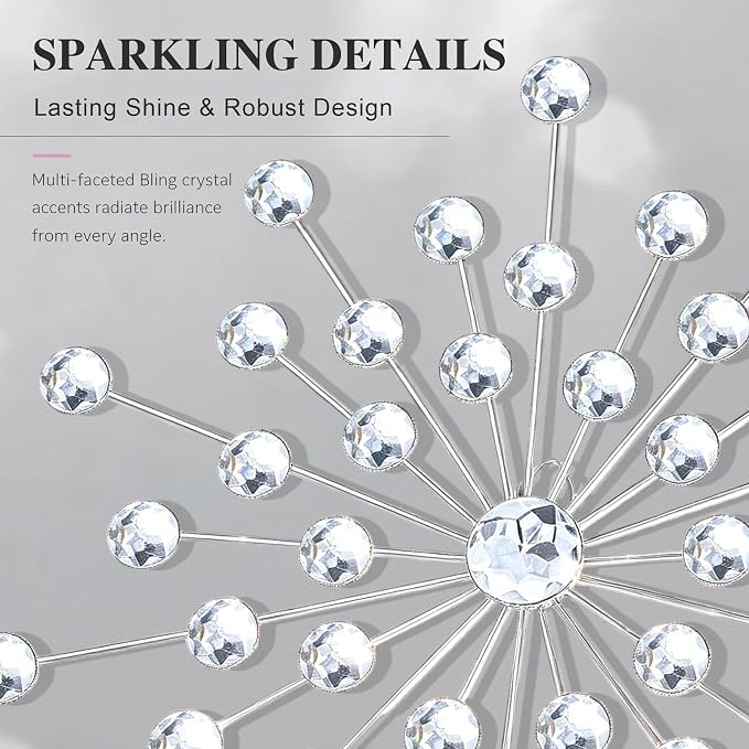 ZEXUIRU 4 Set Silver Starburst Wall Art for Home Decor Metal Bling Crystal Rhinestones Sunburst Wall Decor Sparkling Rhinestone Art Accent Silver - 13 in - Image 5