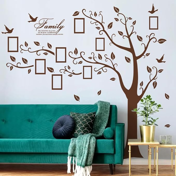 Large Family Photo Tree Wall Sticker 3D Peel and Stick Vinyl Photo Frame Tree Wall Decals Removable Quotes Leaf and Birds Wall Decor for Home Kids Bedroom Living Room Classroom Nursery (Left, Brown) - Image 5