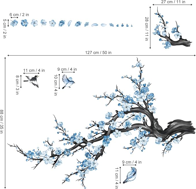 decalmile Blue Flower Branch Blossom Floral Tree Wall Decals Stickers - Image 5