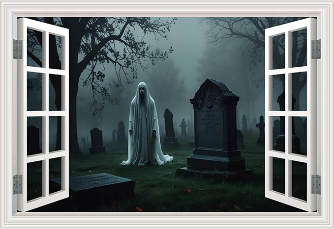Halloween Fake Window Wall Decals Scary Cemetery Terror Art Poster Sticker | ｜Faux Window Terror Spooky Ghosts Mural ｜ Stick and Peel Wall Decal｜for Halloween Home Scene Decor｜24"x16" by Clickhere