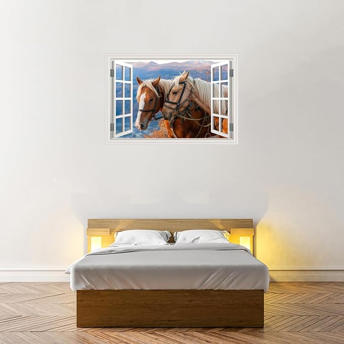 Fake Window Wall Mural -Horse Faux Window Poster Wall Art Decor, Stick and Peel Wallpaper Natural Scenery Decol Horse Ranch Farm Animals Scene （48"x32",Set of 2 Sheets） - Image 9