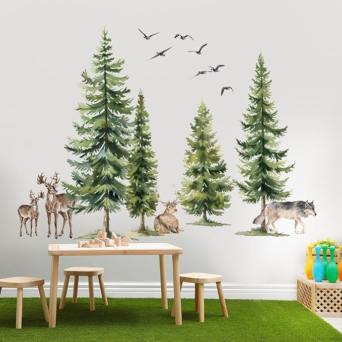 Green Pine Tree Wall Sticker Woodland Animals Wall Decal Peel and Stick Forest Wall Art Mural Deer Wolf Bird Wall Stickers for Bedroom Decor - Image 4