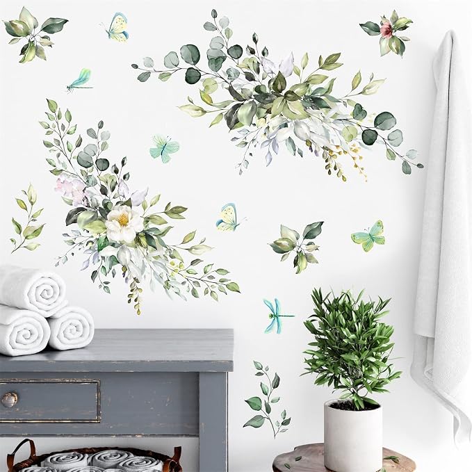 Green Leaves Wall Decals Hanging Vines Butterflies Art Mural Peel and Stick | Wall stickers, removable vinyl art mural, rustic plants, modern botanical, for living room bedroom bathroom nursery farmhouse - Image 3
