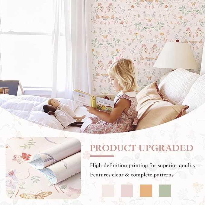 Peel and Stick Wallpaper for Nursery Pink Cute Bow Leaf Waterproof | 393"×17.3" Colorful Butterfly Wallpaper Pink Cute Accent Wall Decor with Grid Lines for Bedroom Vinyl Self-adhesive - Image 3