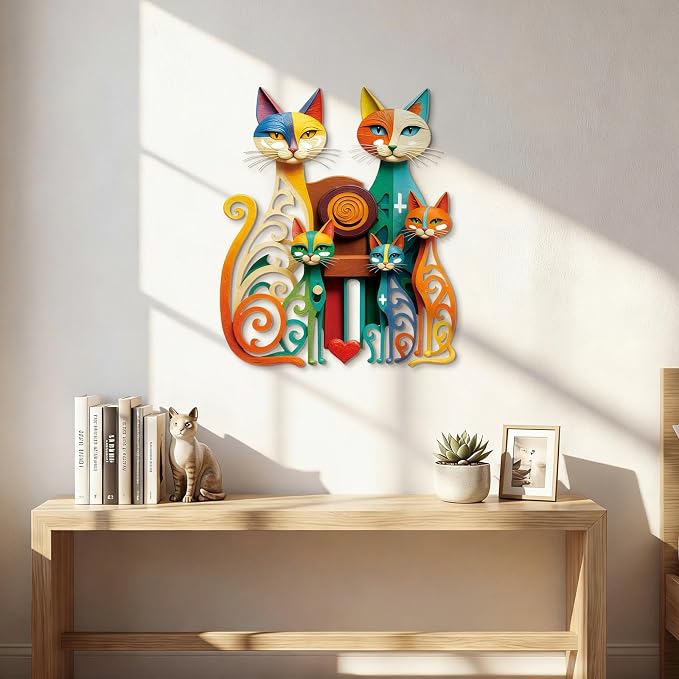 Wesiti Cat Wall Art Colorful Metal Sculpture, Mid Century 5 Cats Iron Decor | Atomic Retro Design for Feline Enthusiasts, Geometric Style Adds Flair in Living Room Bedroom, 12.6 X 15.7 Inches - Image 4