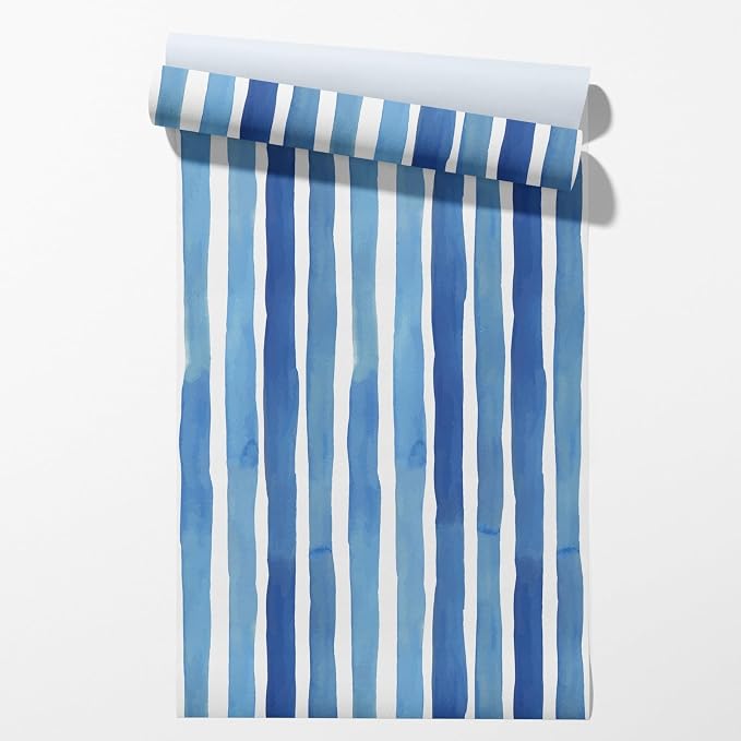 Watercolor Blue Vertical Stripe Peel and Stick Wallpaper 17.3" x 197" Modern Abstract Geometric Contact Paper, Waterproof Self-Adhesive Removable Vinyl Wallpaper for Bedroom, Cabinets, Bathroom Decor by Unknown