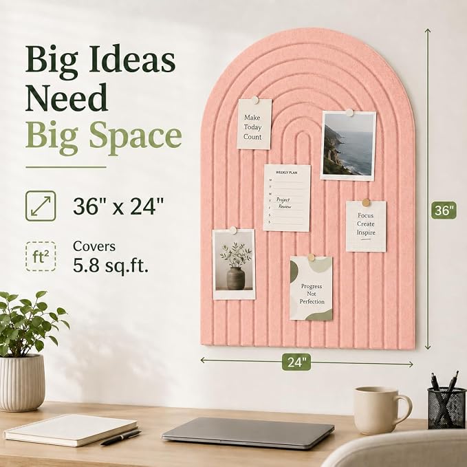 Large Arched Felt Bulletin Board, Sized 36" x 24" for Office & Wall Decor – 6 Customizable Adhesive Tiles with Pins are Perfect to Display Your Photos (Pink-A) - Image 3