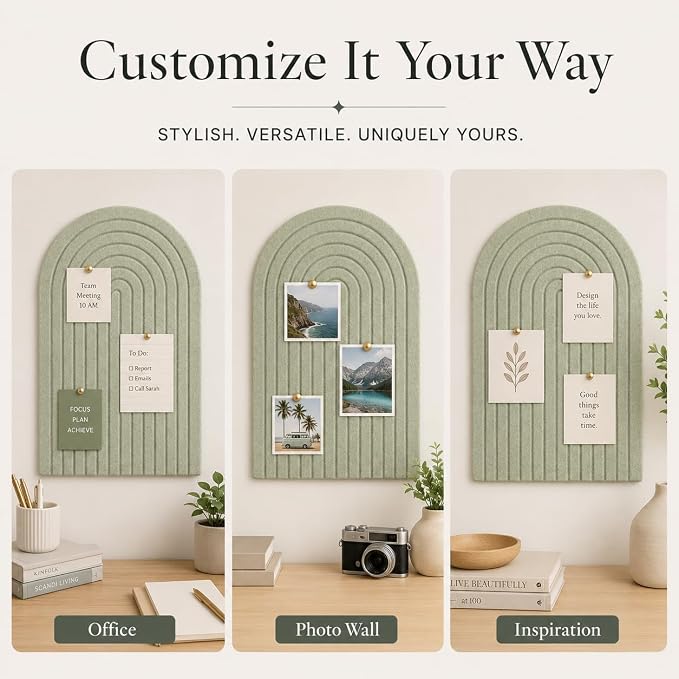 Large Arched Felt Bulletin Board, Sized 36" x 24" for Office & Wall Decor – 6 Customizable Adhesive Tiles with Pins are Perfect to Display Your Photos (Sage Green-A) - Image 5