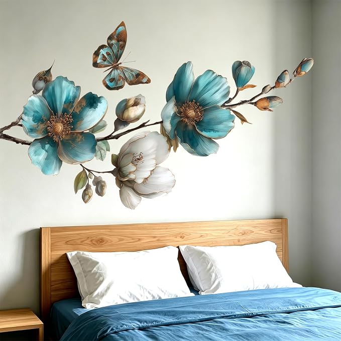 Teal Blue Flower Wall Decals with Butterfly - Large Floral Branch Wall Stickers for Living Room Bedroom, Peel and Stick Vinyl Art, Coastal Farmhouse Chinoiserie Decor, Removable Home Decoration - Image 3