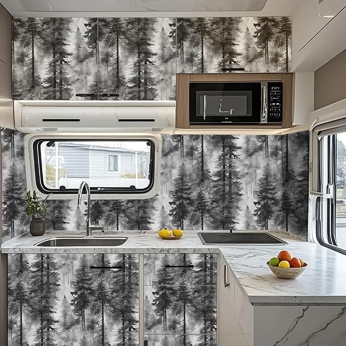 HAOKHOME Forest Wallpaper Peel and Stick Black White Mural 17.3in x 32.8ft | Extra Long Self Adhesive Wall Paper Tree Landscape Mountain Botanical Textured Removable Waterproof for Bathroom Bedroom - Image 3