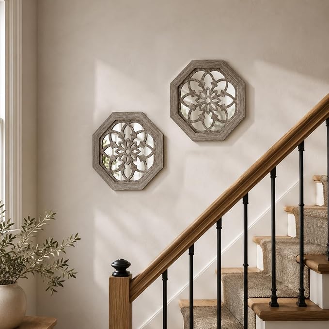 2 Pack 12 Inch Octagon Brown Rustic Wood Frame Acrylic Wall Mirrors, Farmhouse Boho Wall Art Decor for Living Room, Bedroom, Hallway, Entryway, Bathroom & Office - Image 6