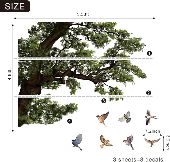 5.9 Ft x 4.0 Ft Dark Oak Tree Wall Decals, Oversized for Teen Room | Realistic Oil-Painted Oak Tree Peel and Stick Forest Mural, Bird on Branch, Ideal for Teen Study Room, Living Room and School - Image 4