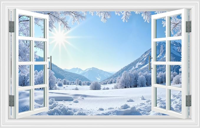 Fake Window Wall Decal- Winter Sunshine Snow Mountains Open Wall Sticker | Faux Window Conifer Forest Snowfield Natural Landscape Mural｜Stick and Peel Wall Decals｜for Home Room Scene Decor｜24"x16" by Clickhere