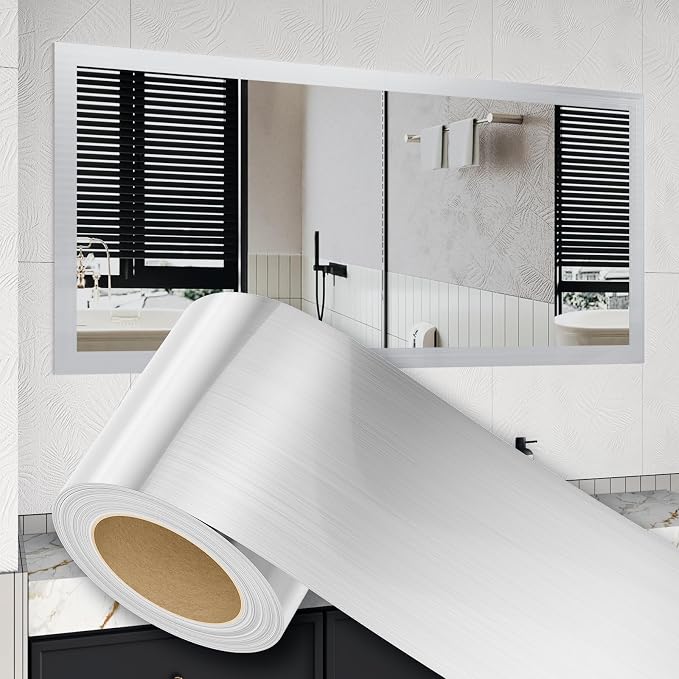 Peel and Stick Wallpaper Borders 390” x 2.36” Self Adhesive Mirror Frame Border Brushed DIY for Kitchen Bathroom Mirror Removal Border Sticker Wall Decor Cover 6.4 Sq.Ft, Brushed Sliver by HomeUpgradeMadeSimple