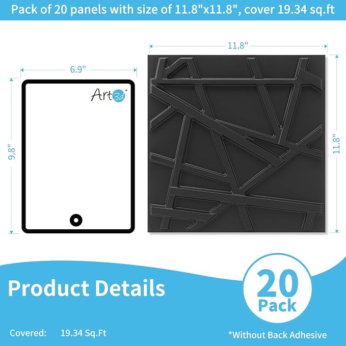 Art3d 20 Pack Decorative 3D Wall Panels, 19 Sq.Feet PVC Interior Wall Décor, 11.8"x11.8", Black - Image 2