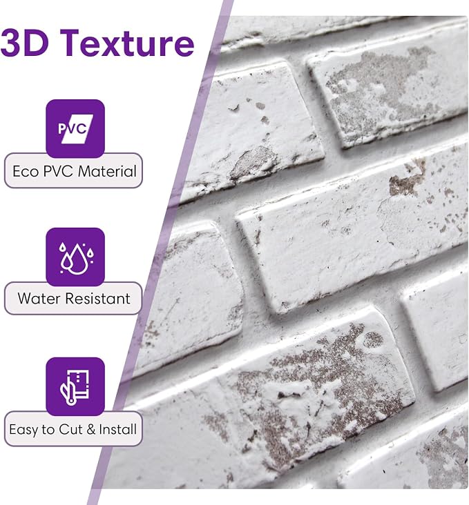 3D Peel and Stick Faux Brick Wall Panels 15.7" x 11.8" 10-Pack | Vintage White, Brick-Look Wall Sticker, Thin Lightweight PVC Self Adhesive Wall Tiles for Interior Decor, Cover 12.9 sq ft - Image 3