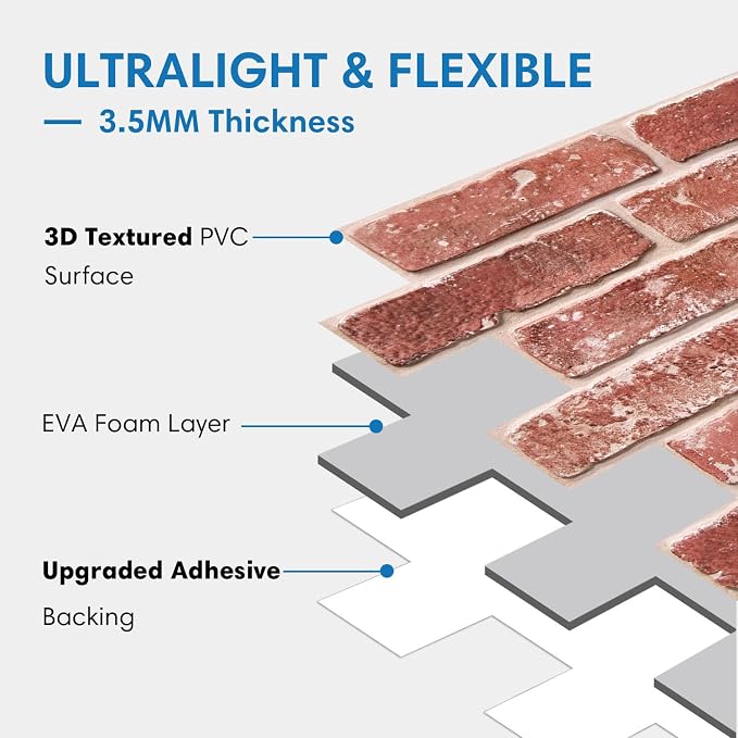 COMSTICKC 3D Peel and Stick Faux Brick Wall Panels for Quick DIY Wall Decor | Vintage Red, 10 Pcs 15.7" x 11.8", Not Real Brick, Lightweight PVC Decorative Wall Sticker for Wall Makeover,Cover 12.9 sq ft - Image 4