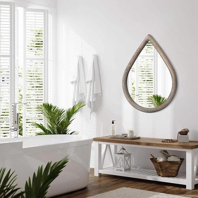 Rustic Farmhouse Wall Mounted Mirror Solid Wood Frame Teardrop Mirrors Wall Decorative Mirror for Bathroom Entryway Living Room Home Decor - Image 7