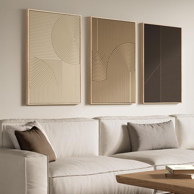 Large 3D Framed Neutral Abstract Wall Art for Living Room, 3 Piece 24x36 In | Solid Wood Frame, Textured Paintings, Beige Brown Tan Geometric Sculptural, Pictures Wall Decor Living room Bedroom Office by Cuspin