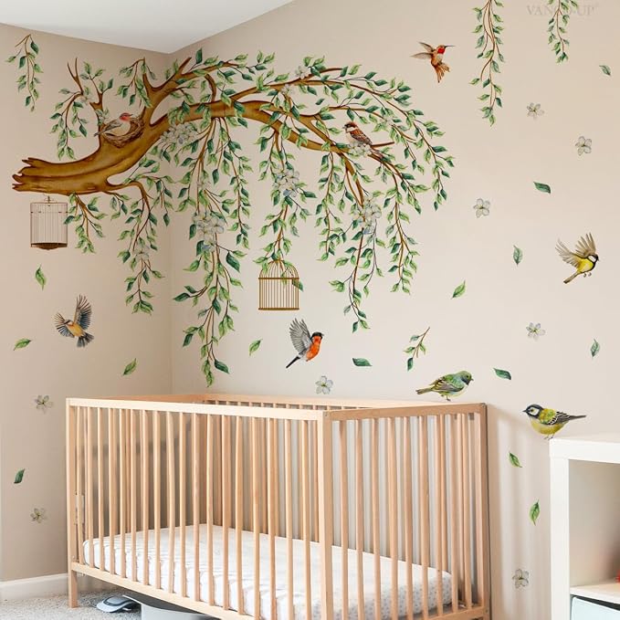 Large Tree Branch Wall Decals Hanging Green Vine Leaves Birds Nest Wall Art Stickers Spring Blossom Flower Tree Home Decor Murals for Living Room Bedroom Tv Background Decor - Image 5
