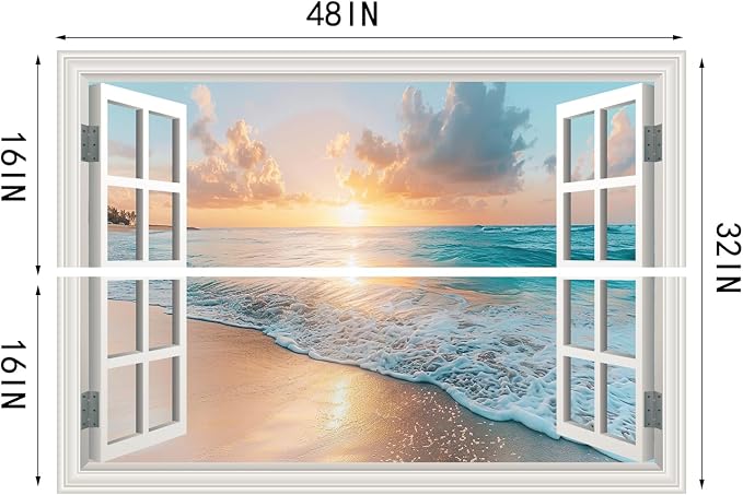 Fake Window Wall Mural Sunset Beach Scene Art Poster Faux Window Wall Sticker for Office Home Room Decor, Peel and Stick Wall Decals 48" x 32" Set of 2 Sheets - Image 6