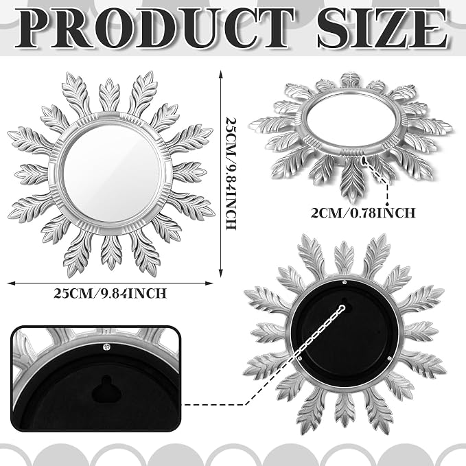 Dandat 4 Sets Round Wall Mirrors Boho Decorative Hanging Art, Silvery - Image 3