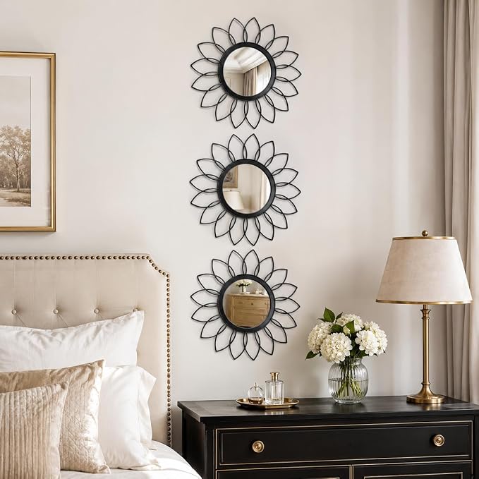 Black Flower Mirror Set of 3, 3PCS Metal Round Decorative Wall Mirrors, Floral Petal Accent Mirror Wall Decor for Living Room, Bedroom, Entryway & Bathroom - Image 5