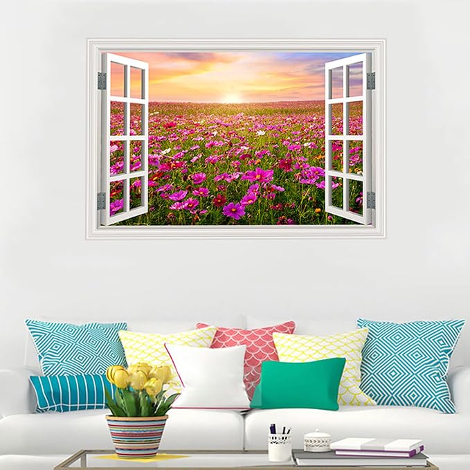 Fake Window Wall Sticker- Sunrise Pink Flower Garden Open Wall Art Decal | Faux Window Natural Scenery Landscape Mural｜ Stick and Peel Wall Decals｜for Room Bedroom Office Decor｜48"x32",Set of 2 Sheets - Image 2