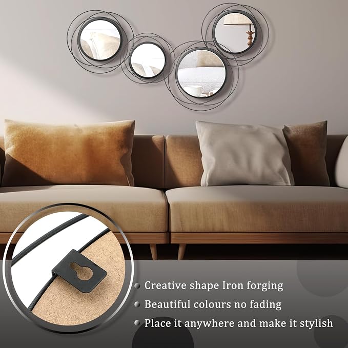Hicarer 4 Pcs Decorative Round Modern Circle Mirror Wall Art Ring Metal Mirror Wall Mounted for Bedroom, Living Room, Entryway, Dining Room, Hallway (Black) - Image 6