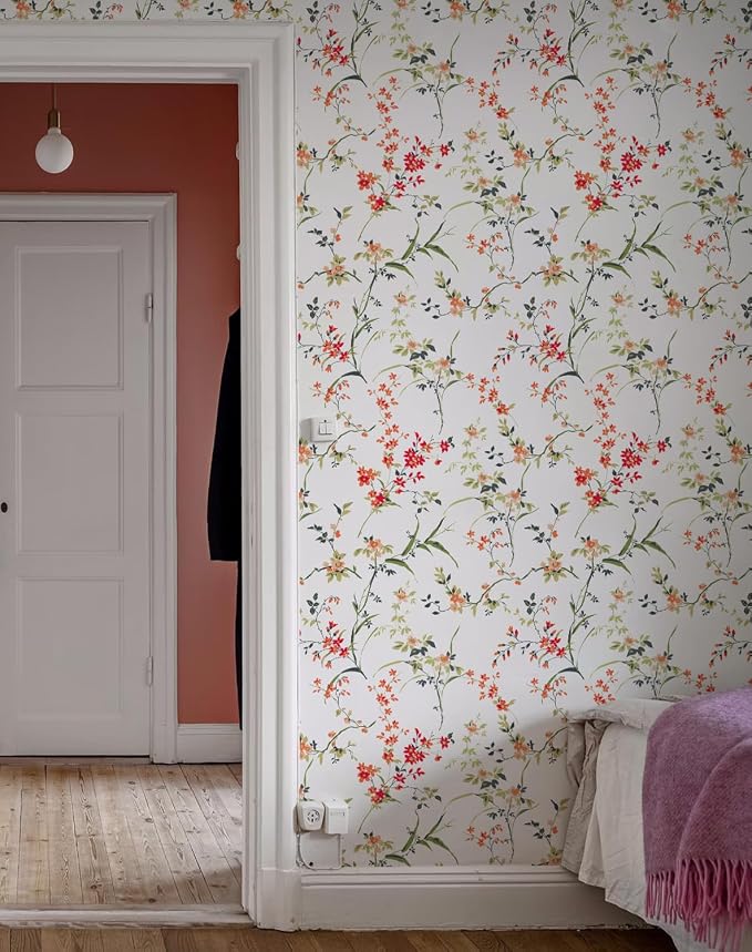 Floral Peel and Stick Wallpaper Self Adhesive Hydrangea Wall Paper French Country Cream Stick on Wallpaper for Bedroom Wall Decor Elegant Mural (Red, 196.85" X 17.4") - Image 3