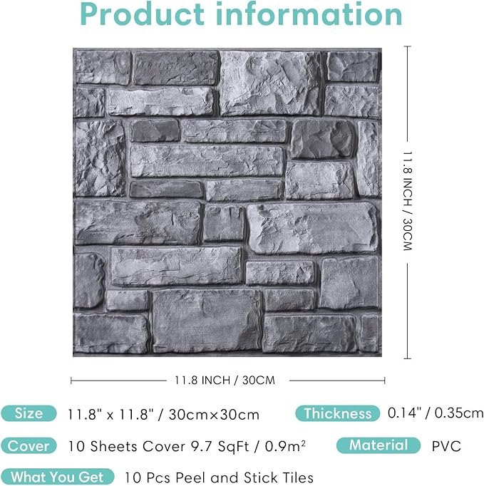 Commomy Faux Stone Peel and Stick 3D Wall Panels 10 Pcs 11.8" x 11.8" | Ultralight Thin PVC Printable Faux Rock Wall Covering Decorative Tiles for Living Room,Fireplace(Covers 9.7 sq.ft) - Image 7