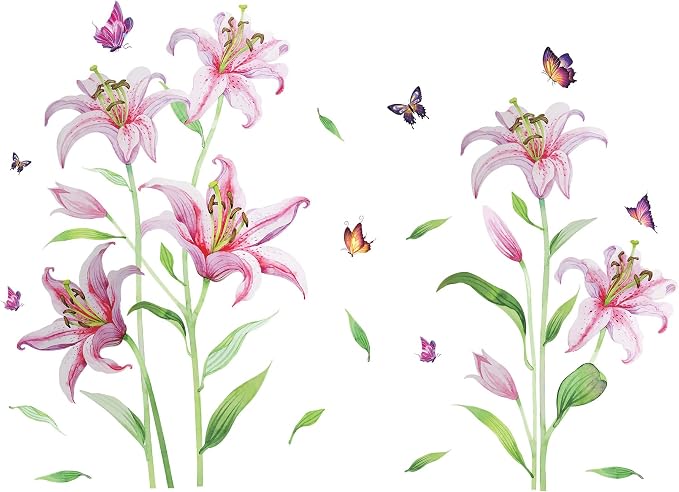 Pink Lily Flowers Wall Sticker Lifelike Romantic Lilys Floral Wall Decals Color Butterfly Green Stem Leaves Removable Art Decor for Home Living Room Girls Bedroom Playroom Bathroom Nursery - Image 7
