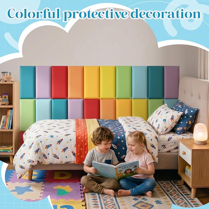 Hahafelt 48 Pack Wall Padding for Playroom Peel and Stick Headboard 15.75" x 7.87" x 1.18" 3D Anti Collision Upholstered Wall Panels Self Adhesive Headboard Panel for Protection (Rainbow Colors) - Image 5