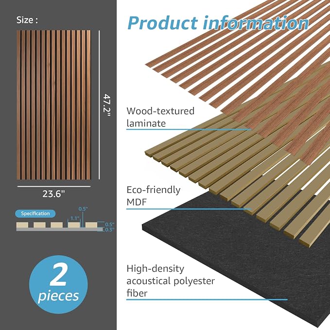 Art3d 2-Pack Fluted Acoustic Wood Slat Wall Panel, 47.2 x 23.6 Inch, Walnut | Noise Control, Easy to DIY, Natural Texture, Sustainable Material, Ideal for Homeowners, Designers, for Living Room, Office - Image 5