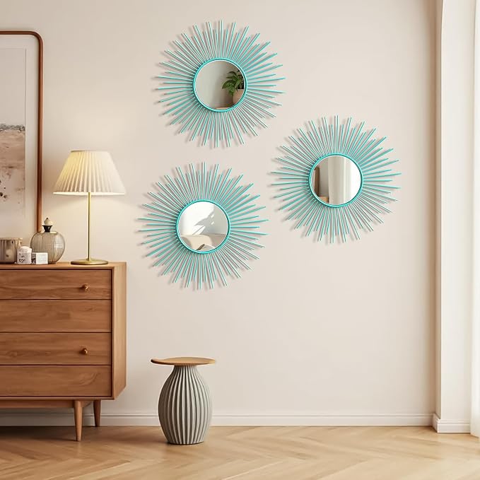 3 Pack Metal Mirrors for Wall Sunburst Wall Mirrors Home Décor Decorative Hanging Wall Art for Living Room Bedroom Entryway (Greenish Blue, Sunburst) - Image 7