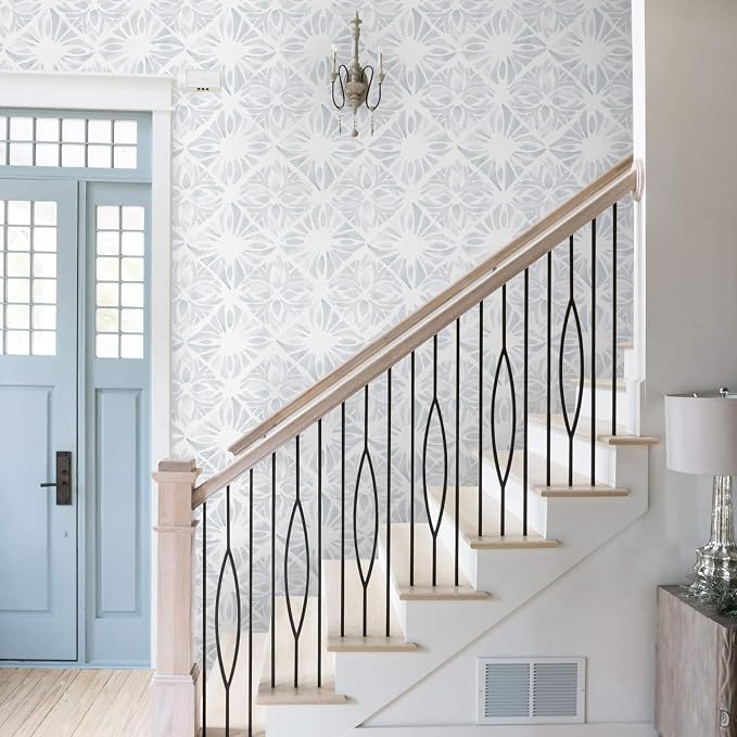 Blue Wallpaper Coastal Peel and Stick Wallpaper Boho 197"x17.3" Blue and White Wall Paper Geometric Contact Paper Textured Removable Vinyl Waterproof for Bathroom Bedroom Farmhouse Kitchen - Image 5