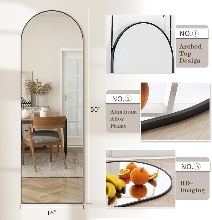 Dewfig 50"x 16" Full Length Door Mirror with Stand, Full Body Mirror, Black - Image 2