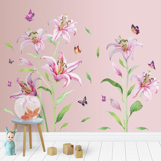 Pink Lily Flowers Wall Sticker Lifelike Romantic Lilys Floral Wall Decals Color Butterfly Green Stem Leaves Removable Art Decor for Home Living Room Girls Bedroom Playroom Bathroom Nursery - Image 4