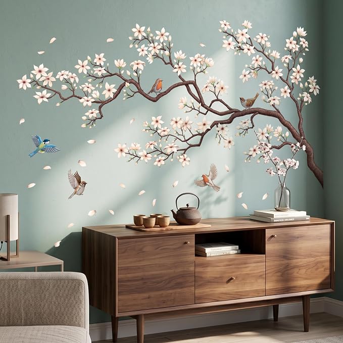 DECOWALL White Cherry Blossom Branch Birds Wall Stickers Decals (SG2-2509) | Peel and stick, removable watercolor floral decor with falling petals for living rooms, bedrooms, offices, studios and cafes - Image 2