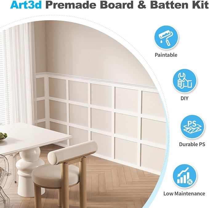 Art3d Pre-Cut Board and Batten Wainscoting Panel, Covers 10 ft, White | Polystyrene, Lightweight, Effortless Installation, Shock-Resistant, Long-Lasting, Ideal for Living Rooms, Bedrooms - Image 4