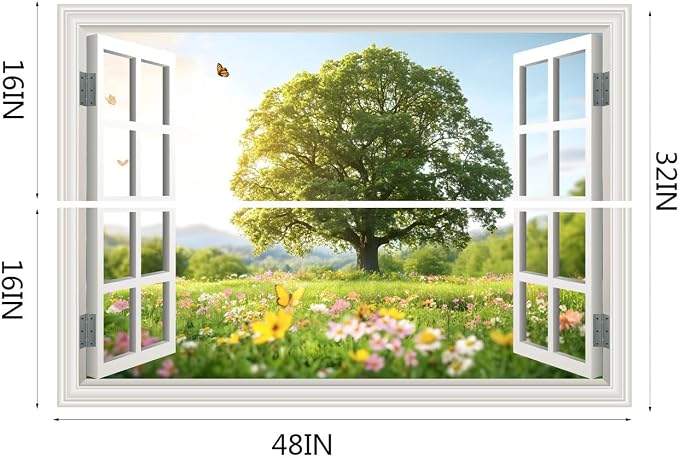 Fake Window Wall Decal Sping Green Tree Grassland Flower Forest Landscape Mural Faux Window Sticker Poster Decals Open Office Art Picture Room Decor Stick and Peel Natural Scenery Scene 48"x32" - Image 2