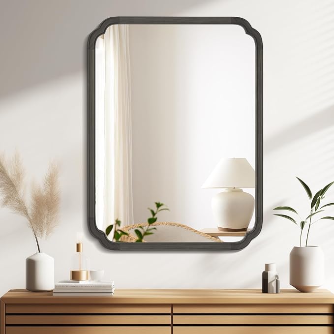 WallBeyond 28" x 40" Rounded Corner Arch Wall Mirror with Wood Frame for Entryway, Living Room or Bedroom Home Decor - Light Woodgrain [28 x 40 inches, Black] - Image 3