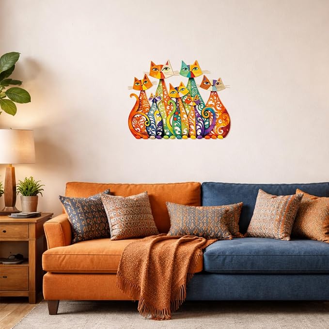 Wesiti Cat Wall Art Metal Sculpture 13.78x10.71 Colorful Mid Century | Iron Decor for Cat Lover, Retro Geometric Design, Home Living Room Bedroom Kitchen Office Sculpture, Ethereal Style - Image 5