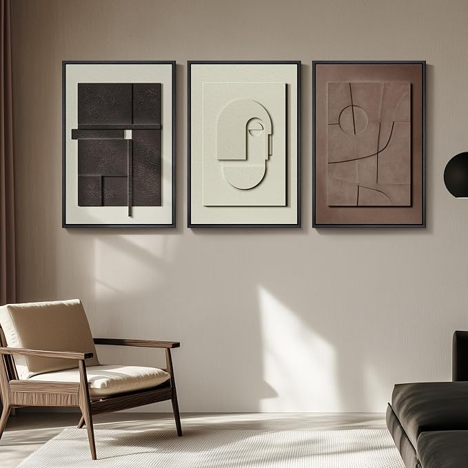 3D Large Framed Brown Abstract Wall Art for Living Room, 3Piece 24x36 In | Solid Wood Frames, Sandstone Textured Artwork for Walls, Black White Geometric Sculptural Pictures Wall Decor Bedroom Office - Image 4