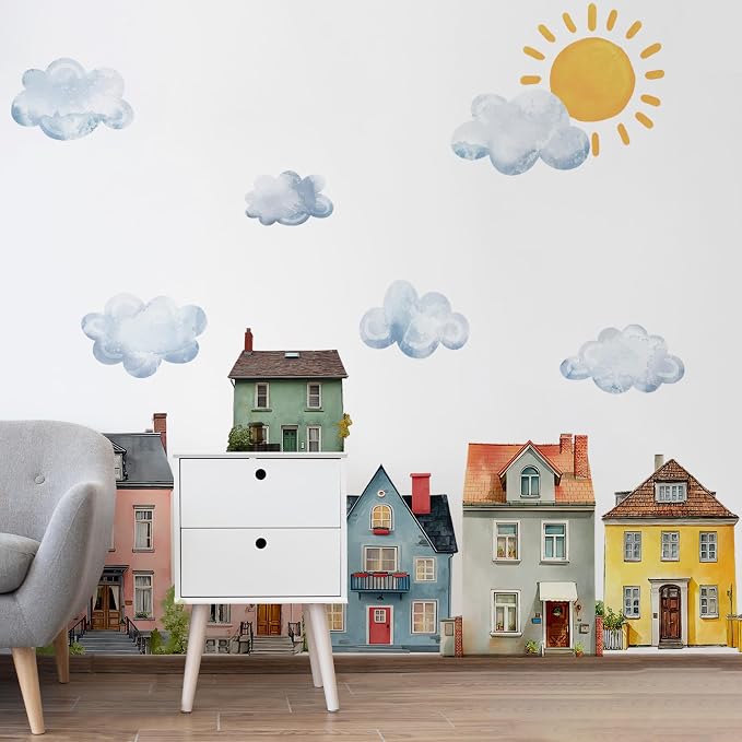 Watercolor Towns Village Wall Decal, Peel and Stick Nursery Mural Wall Stickers for Kids, Boys and Girls Room, Bedroom & Toddler Room Decor - Image 8