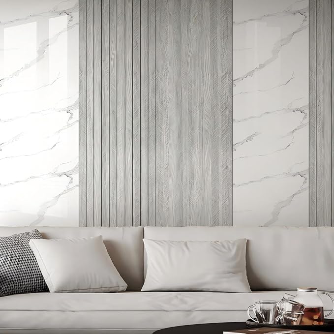 Chejiaye Peel and Stick 3D Wall Panel -15.75"x118"Soundproof Self-Adhesive Wall Sticker, Removable Thick PVC Slat Contact Paper for Kitchen Bedroom,Ceiling Wall Decoration White Grey - Image 3