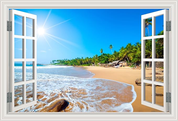 Fake Window Wall Decal- Summer Beach Seascape Coast Open Wall Art Sticker | Faux Window Tropical Ocean Natural Landscape Mural｜ Stick and Peel Wall Decals｜for Room Office Decor｜48"x32",Set of 2 Sheets by Clickhere