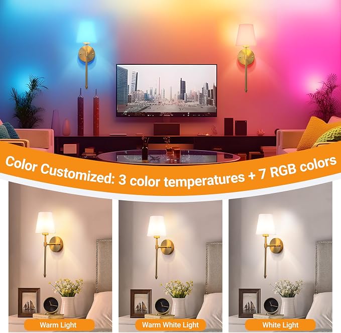 Nekhung Battery Operated Wall Sconce, Peel and Stick Sconces Set of 2 | Wireless Adhesive Stick On Wall Sconce, 10000mAh Rechargeable RGB Bulb with Remote, No Drill Wall Light for Bedroom Decor - Image 5
