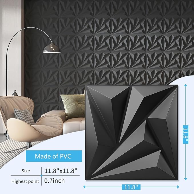 Art3d 100 Pack Decorative 3D Wall Panels 11.8 x 11.8 Inch Covering 97 Sq.ft - Glue Up PVC Wall Panels for Interior Wall Décor, Living Room, Office and Home, Black - Image 2
